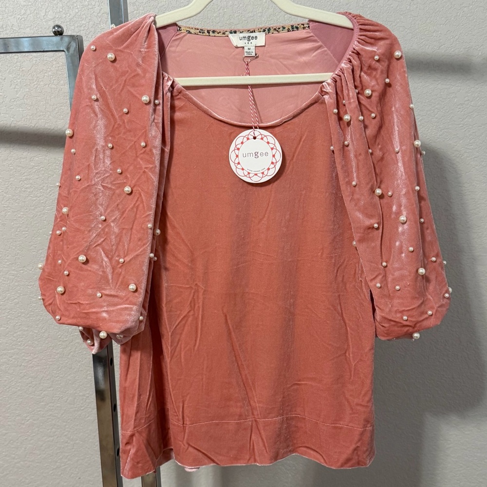 Umgee Velvet Blouse with Pearl Details NWT